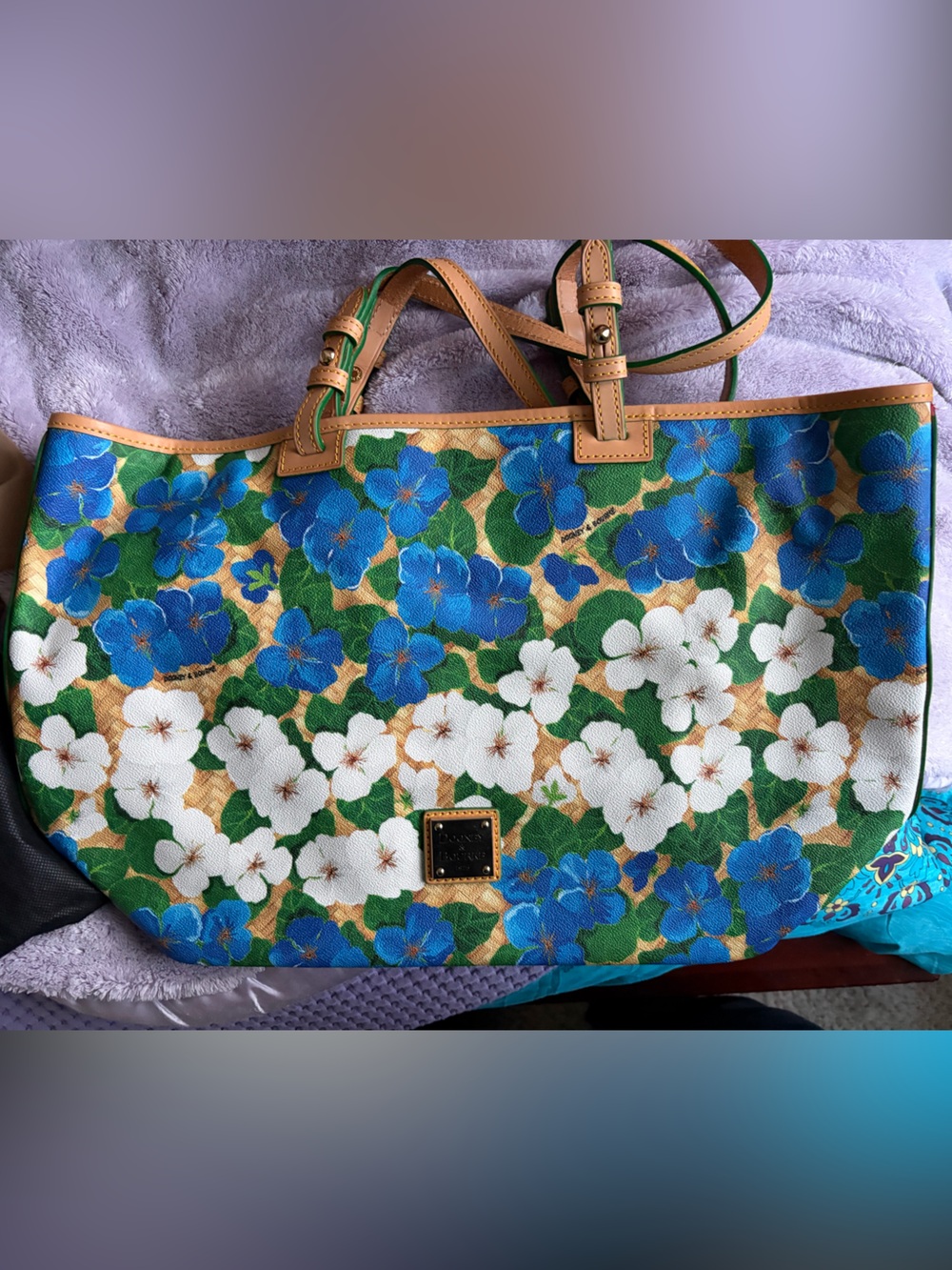 Dooney & Bourke Blue, White & Blue Floral Tote with Tan/Green Trim